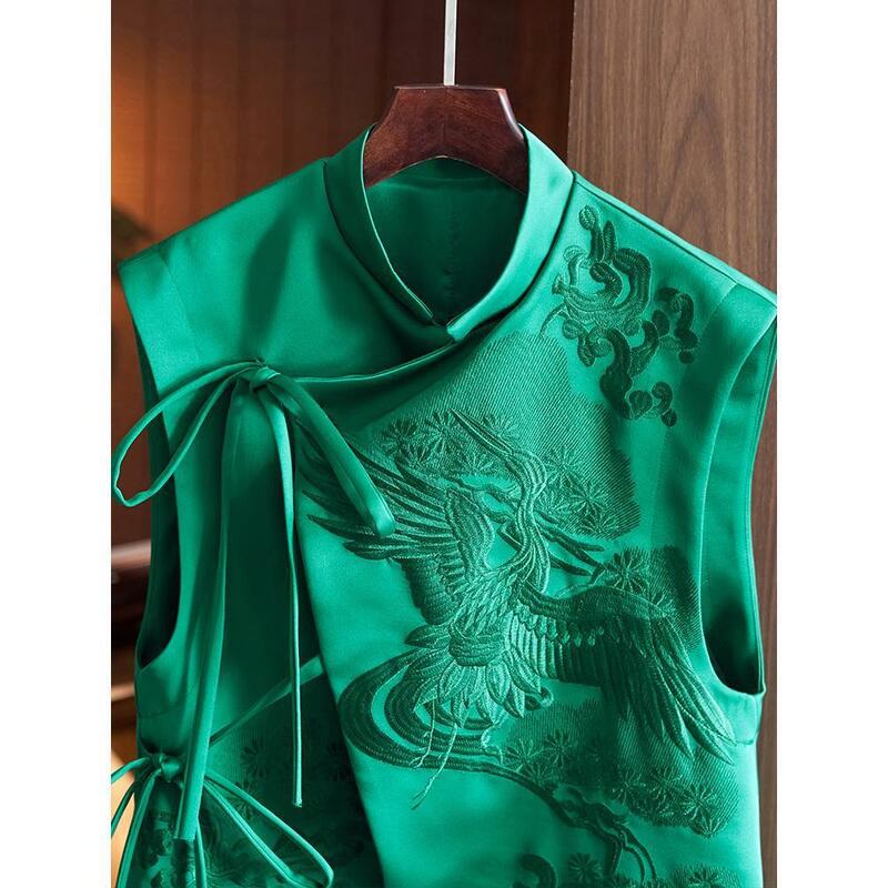 Top de estilo chino para mujer, ropa Tang bordada, flor de Fénix, Qipao, chaleco de cuello mandarín, ropa Vintage, ropa informal