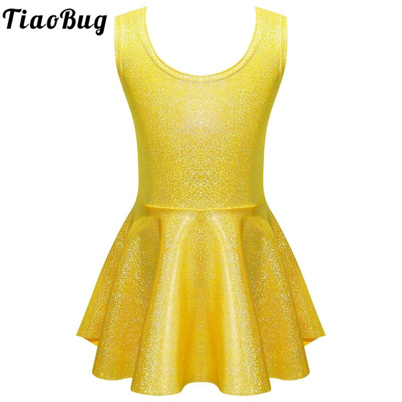 TiaoBug Kids Girl Metallic Sundress Pleated Skirt U Neck Sleeveless Tank Dress Dancewear for Jazz Dance Cheerleading Performance