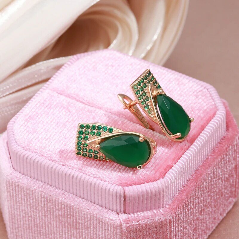 SYOUJYO Water Drop Dark Green Opal English Earrings For Women 585 Rose Gold Color Fine Jewelry Natural Zircon Full Paved Earring