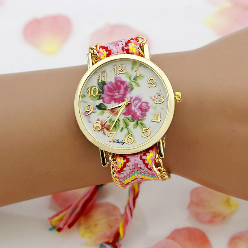 Shsby 여성용 꽃 짠 나일론 로프 손목 시계, 패션 여성 드레스 시계, 고품질 쿼츠 시계, 달콤한 소녀 시계