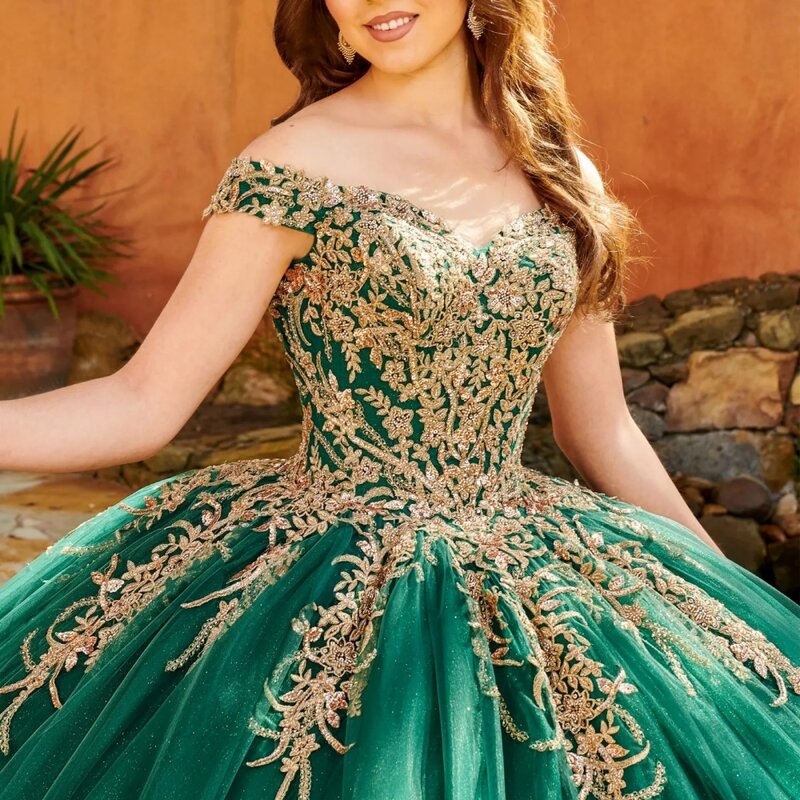 Изящные платья с открытыми плечами для Quinceanera, бальное платье с золотистой аппликацией, сверкающее милое платье принцессы на 16 лет, vestidos de anos