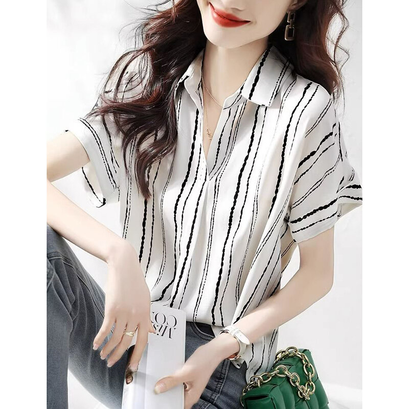 Fashion Lapel Printed Short Sleeve Striped Chiffon Blouses Women's Clothing 2024 Summer New Loose Casual Tops All-match Shirts