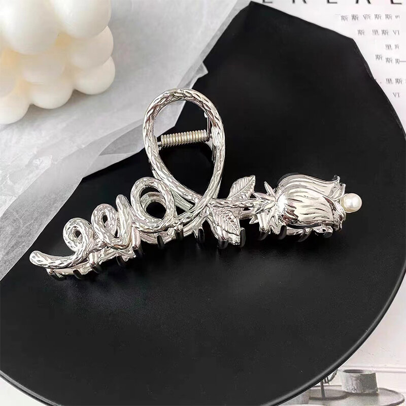 AISHG New Fashion Double Sided Rose Pearl Hair Clip Women Personalized Elegant Design Shark Clip Girl Hair Accessories