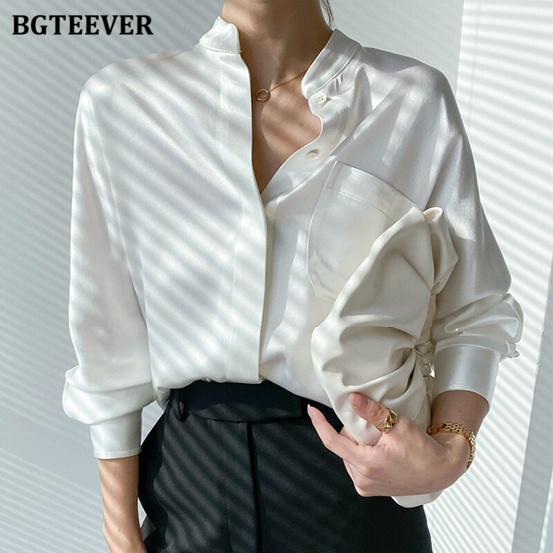 BGTEEVER elegante colletto alla coreana camicie larghe da donna abbigliamento da ufficio camicette da donna con tasca a maniche lunghe top