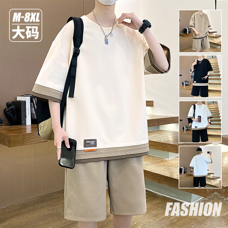 2024 summer new fashion casual sports suit for young men loose crew neck shorts short sleeve fashion two-piece set