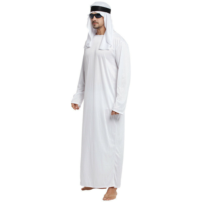 Middle East Emirati Men'S Robe Classic White Muslims Robe With Headscarf Saudi Arab Round Neck Long Sleeves Islamic Kaftan