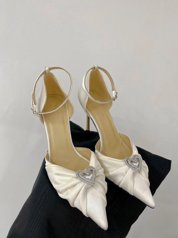 Sandalias con punta puntiaguda para mujer, zapatos de tacón alto, lazo de seda pura, envoltura de escalada, tiras de diamantes de imitación de cristal, zapatos de Boda nupcial