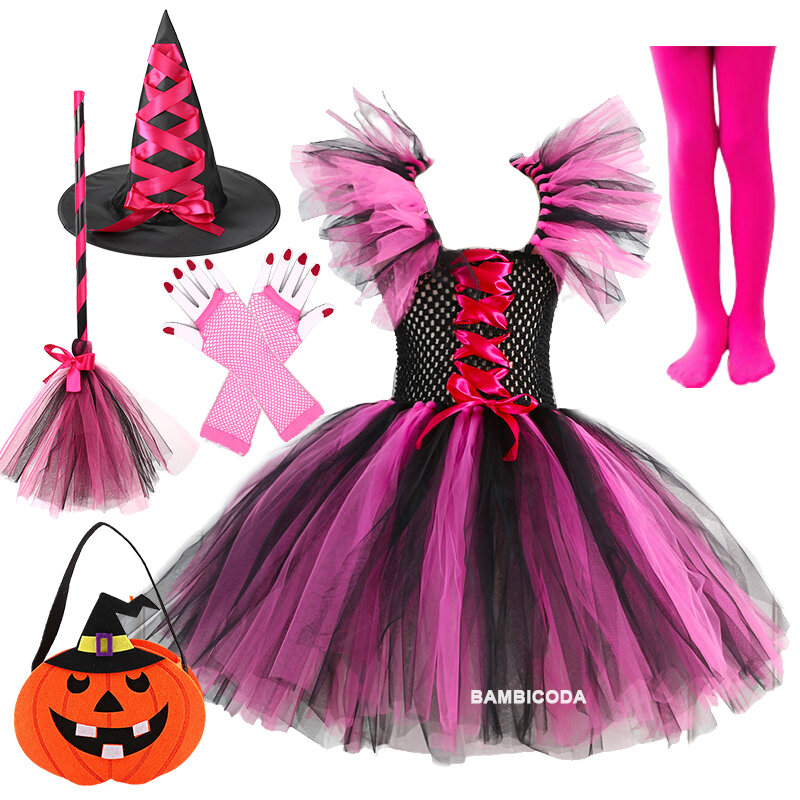 Disfraz de bruja para niñas, tutú de Halloween, vestido hasta la rodilla, sombrero, pantimedias de escoba, traje de fiesta de Cosplay de carnaval, vestidos para niños