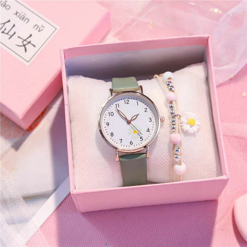 Zegarek dla dzieci świecące w ciemności mała stokrotka dziewczęcy zegarek kwarcowy zielony styl Harajuku skórzany wodoodporny zegarek na co dzień dla dzieci