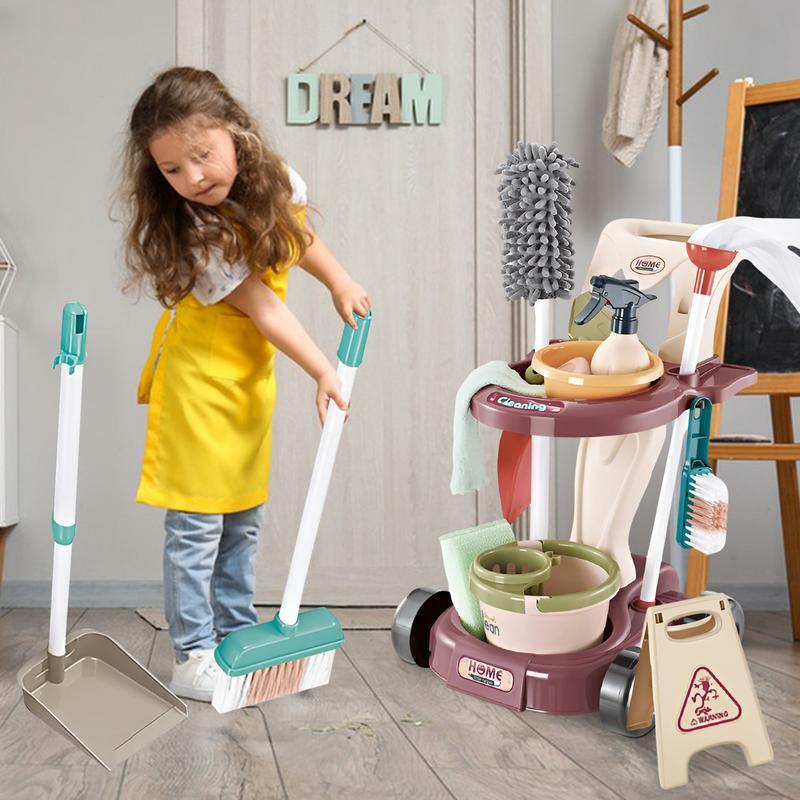 Kinder simulation Reinigungs werkzeug Wagen Spielhaus Staubsauger Besen Mopp Set Reinigung Hygiene Spielzeug Set für Jungen Mädchen 3
