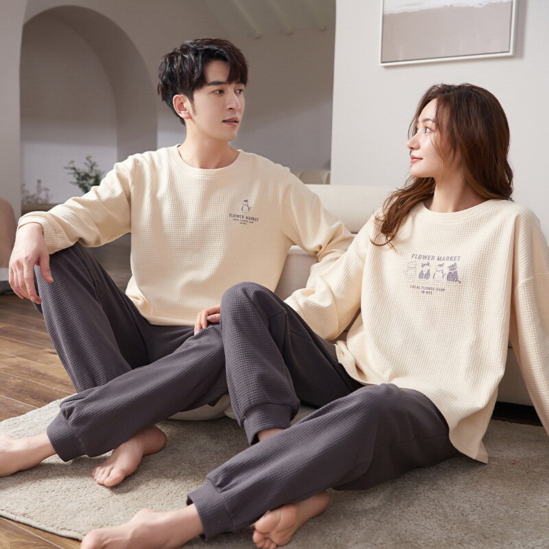 Conjunto de pijama de algodón para hombre y mujer, ropa de dormir coreana para parejas, Tops largos de otoño, envío directo