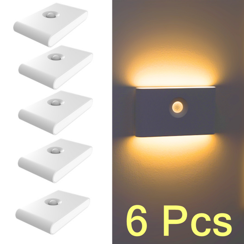 Luz nocturna de inducción de 6 piezas, luz de pared de inducción de cuerpo humano con carga USB inalámbrica, para dormitorio, pasillo, armario, Baño