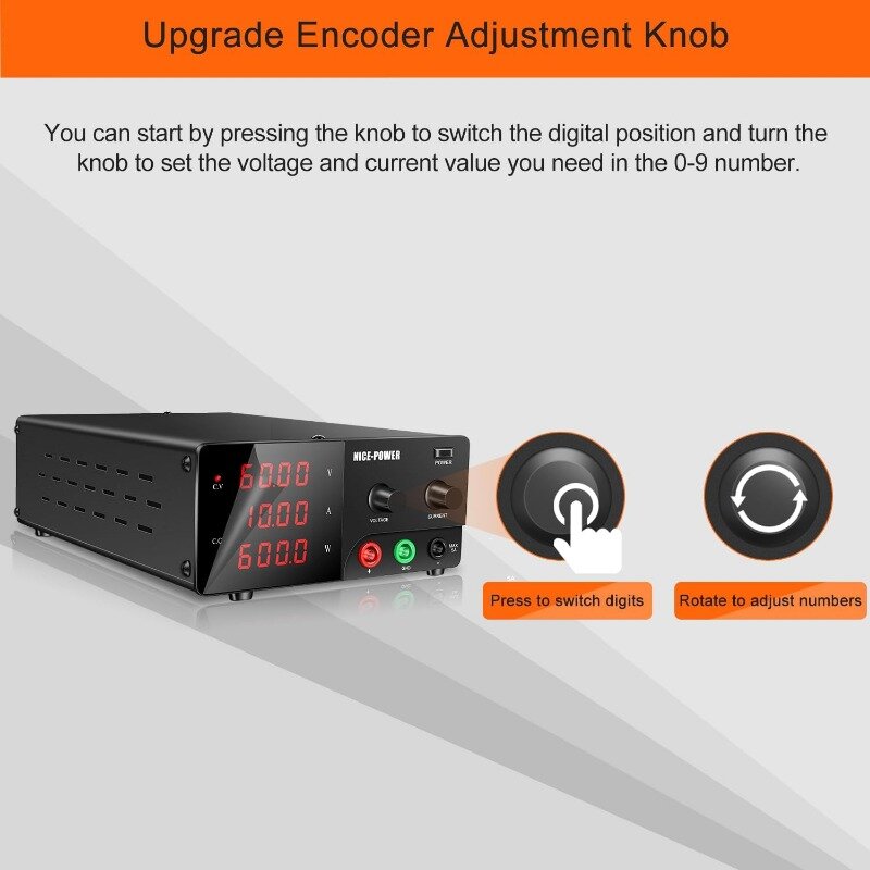 Variável DC High Bench Supply com Encoder Knob, Benchtop Lab Supply, 60V, 10A, 600W