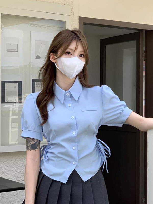 Zoki Fashion Shirring Slim Shirt donna Jk manica corta dolce camicetta bianca Casual stile Preppy coreano semplice femminile solido top