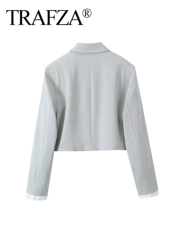 TRAFZA-jaqueta curta com bolsos de remendo para mulheres, manga longa, botão escondido, top chique, casual e elegante, para primavera