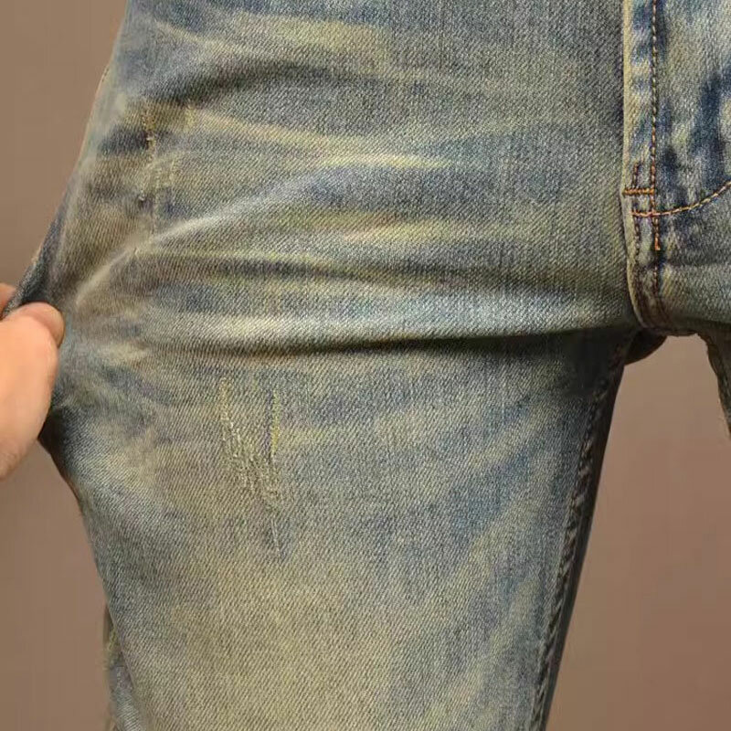 Pantalones vaqueros de estilo italiano para hombre, Jeans rasgados de alta calidad, elásticos, ajustados, Retro, azul lavado, diseñador Vintage