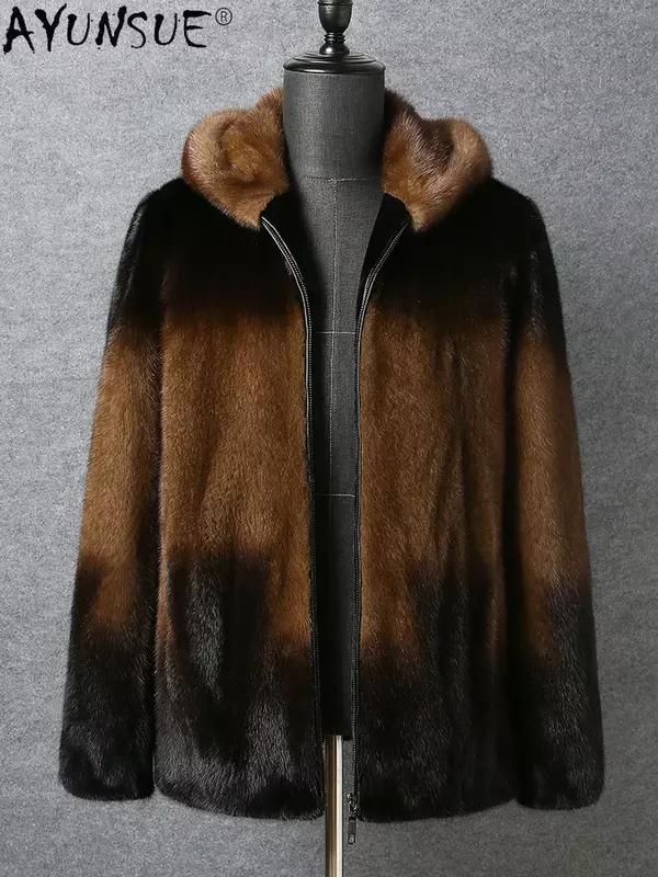 AYUNSUE брендовая куртка из натурального меха норки для мужчин, зимняя повседневная приталенная Шуба с капюшоном из натурального меха норки, мужская куртка, Мужская куртка