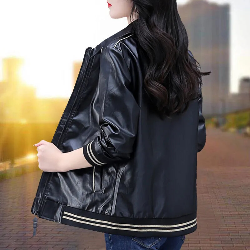 Женская кожаная куртка на молнии, черная Свободная куртка большого размера 4XL на весну и осень, 2024