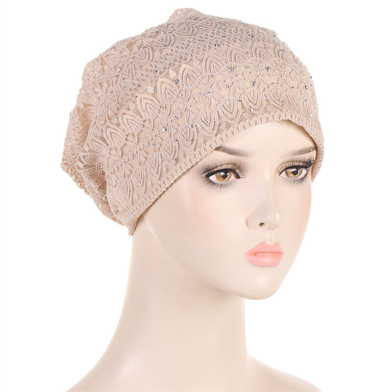 Topi wanita Turban Muslim renda berlian imitasi, topi malam Islam, topi Pullover Kemo, syal kepala, topi beanie longgar