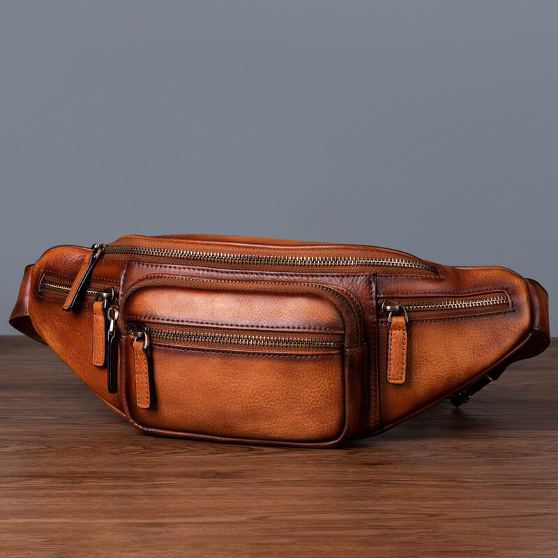 Genuine Leather Waist Bag Real Cowskin Leather Belt Pouch Mulit Pockets Leather Waist Packs Vintage Men Fanny Pack Shoulder Bag