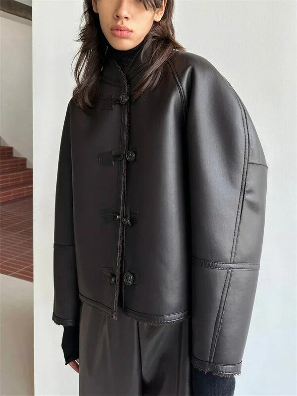 Mantel wanita, jaket kulit desain Suede kasual musim gugur dan dingin dua-pakaian