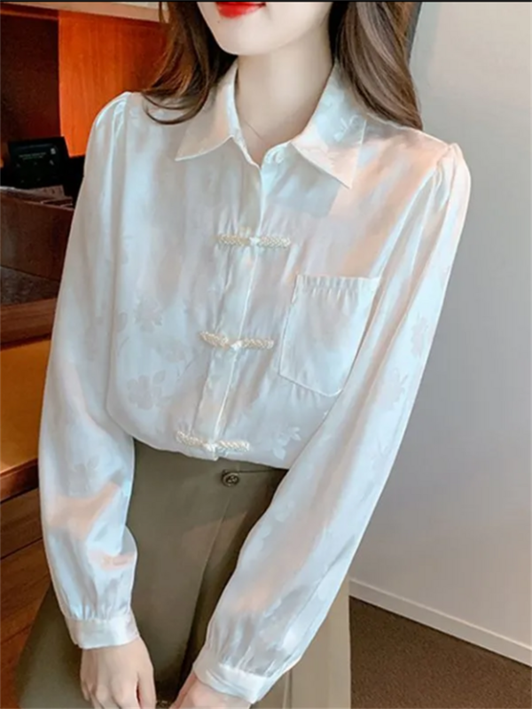 National Shirts Women's Chinese Blouses White Tops For Women Retro Buckle Shirt Laple Pocket Blous Cardigan Female Loose Shirt