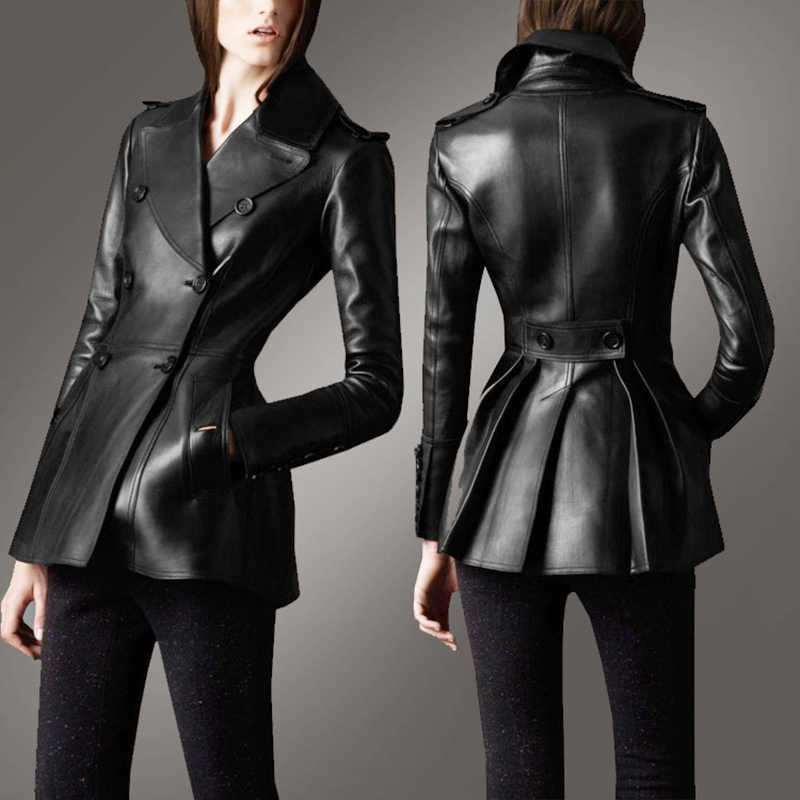 Blazer largo de piel de cordero para mujer, chaqueta negra de cuero genuino