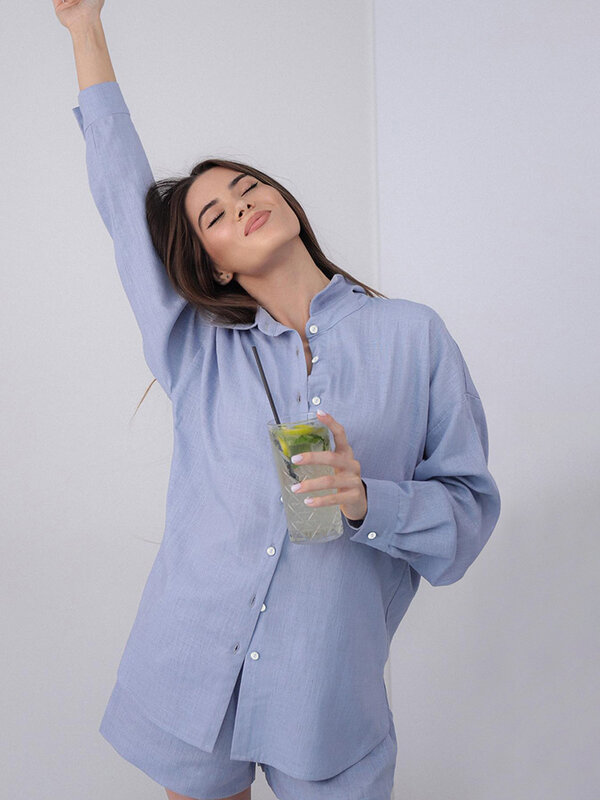 Marthaqiqi Cotton Women Pajama 2 Piece Suit Long Sleeve Nightgowns Turn-Down Collar Nightwear Shorts Casual Ladies Sleepwear Set