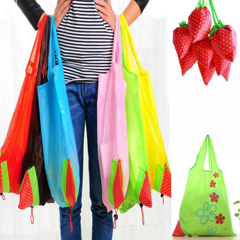 재사용 가능한 대형 접이식 딸기 쇼핑백, 나일론 그린 식료품 토트 핸드백, 편리한 대용량 보관 가방