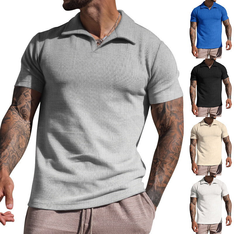 Herren Sommer Revers T-Shirt Herren schwere Waffel übergroße Kurzarm einfarbig lässig V-Ausschnitt Polos hirt ws