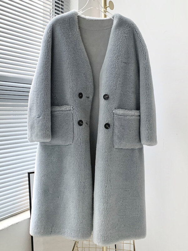 MENINA BONITA 2022 Winter Jacket Women Double Breasted V-neck Real Fur Coat Natural Weave Wool Fur Thick Warm Loose Outerwear