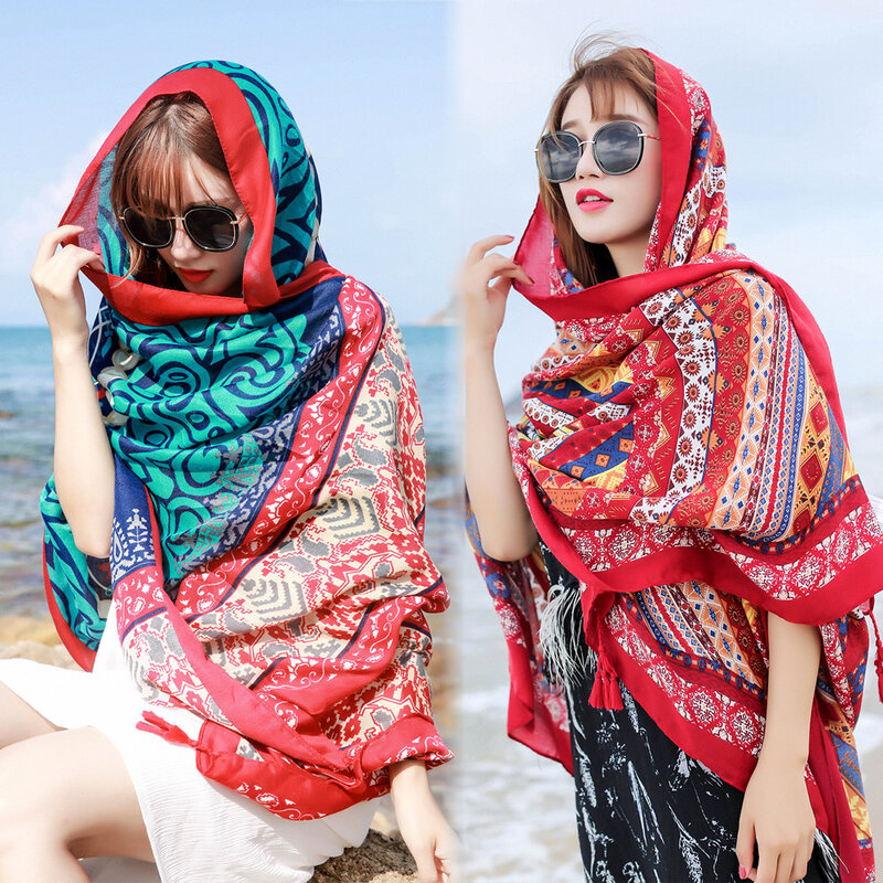 Écharpe de plage de style ethnique pour femme, manteau d'été, écharpe de simulation de tourisme, cape de protection solaire, grand châle de plage, imprimé Everak Lady Red