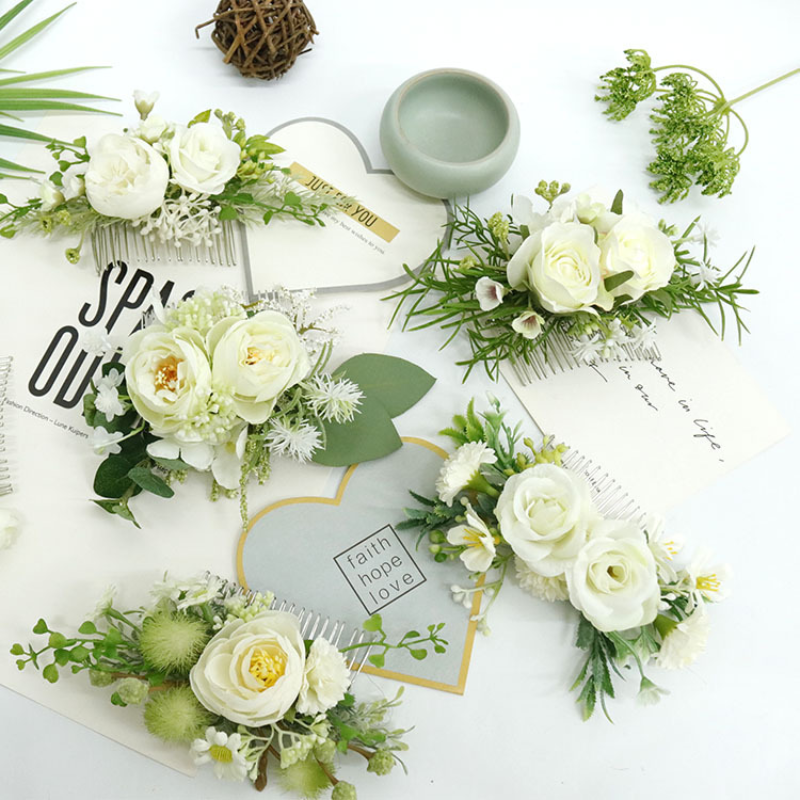 Bunga mawar buatan hijau dengan sisir hiasan kepala buatan tangan aksesoris rambut pengantin dekorasi pernikahan untuk wanita
