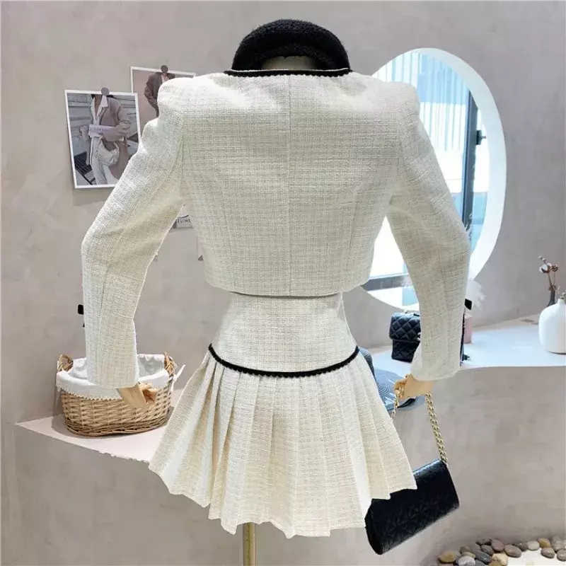 2024New High Quality Square Neck Fall Winter Tweed Two Piece Set Women Sweet Bowknot Crop Top Coat+ Mini Pleated Skirt  Ensemble
