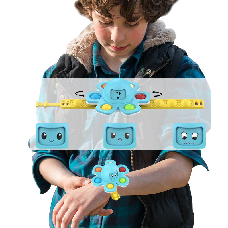 Pulsera giratoria de silicona antiestrés para niños, juguete interactivo con tapa, con caras de cambio de pulpo, burbuja Pop