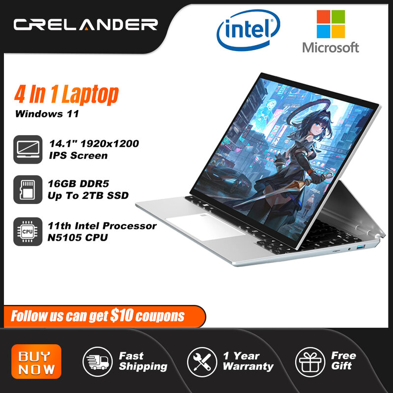 CRELANDER Laptop 4 in 1, komputer Notebook PC layar sentuh 14 inci Celeron N5105 16GB Ram Windows 11 untuk bisnis siswa