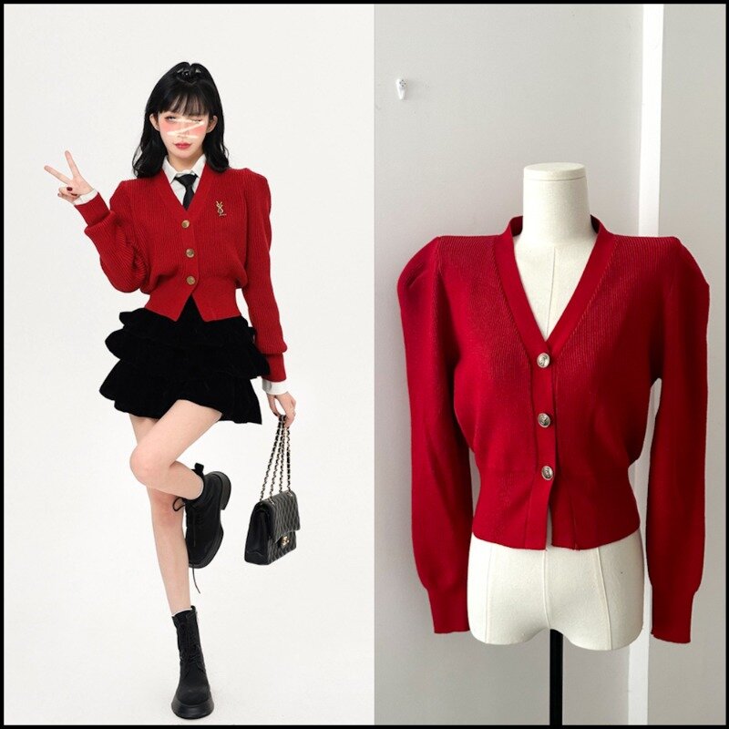 Miiiix-suéter vermelho de natal feminino, cardigã com decote em v, blusa curta para outono e inverno, jaqueta de malha estilo universitário suave