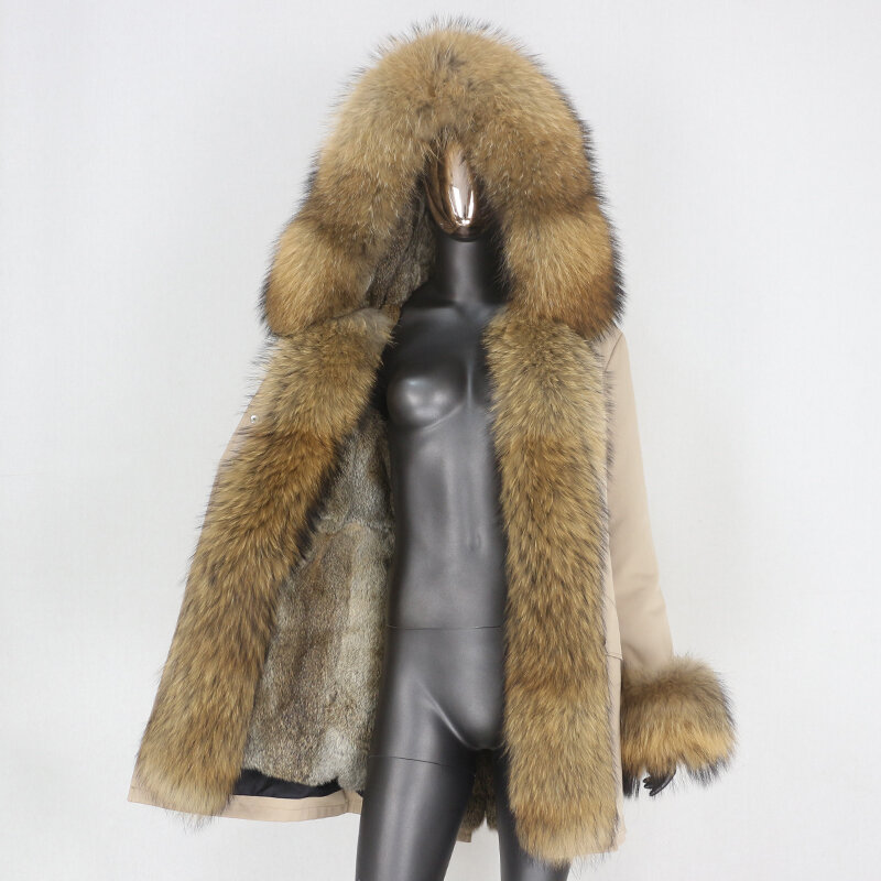 毛皮のようなウサギの毛皮のコート,女性の冬の防水ジャケット,長いウサギの毛皮のコート,アライグマの毛皮の襟,フードの暖かいストリートウェア2023