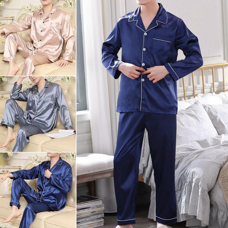 Conjunto de pijama de duas peças de cetim masculino, bolso de lapela, roupa de perna larga macia para pijamas outono e primavera