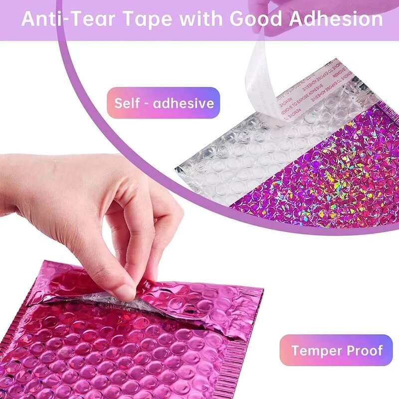50Pcs Holographic Bubble Mailer Rose Red Mailing Envelope Waterproof Courier Bag Padded Bubble Envelopes Pack Bag for Shipping