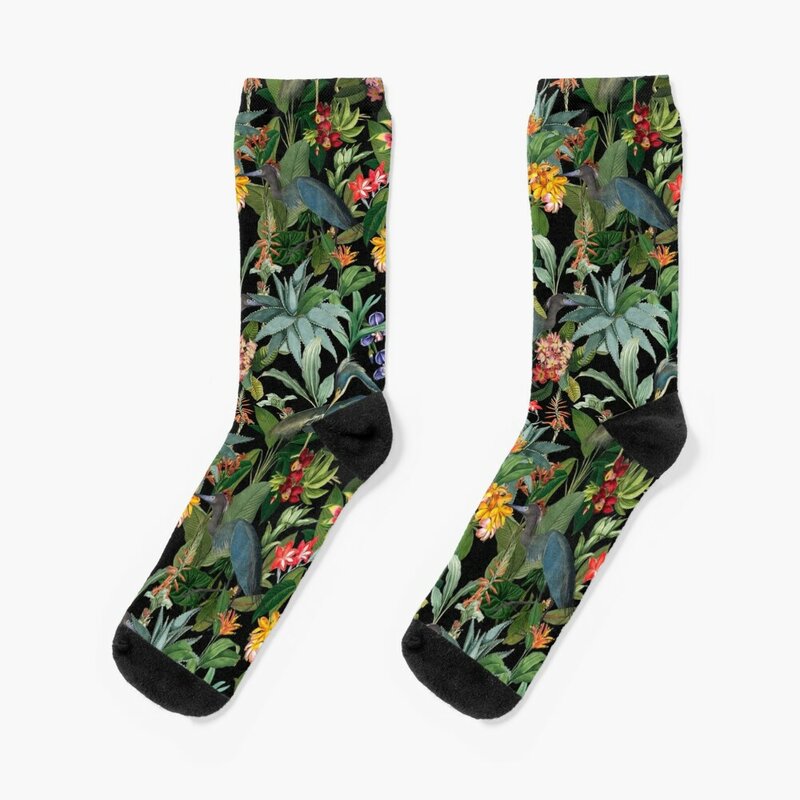 Chaussettes vintage pour hommes et femmes, motif héron bleu et fleurs tropicales, chaussettes de randonnée mignonnes