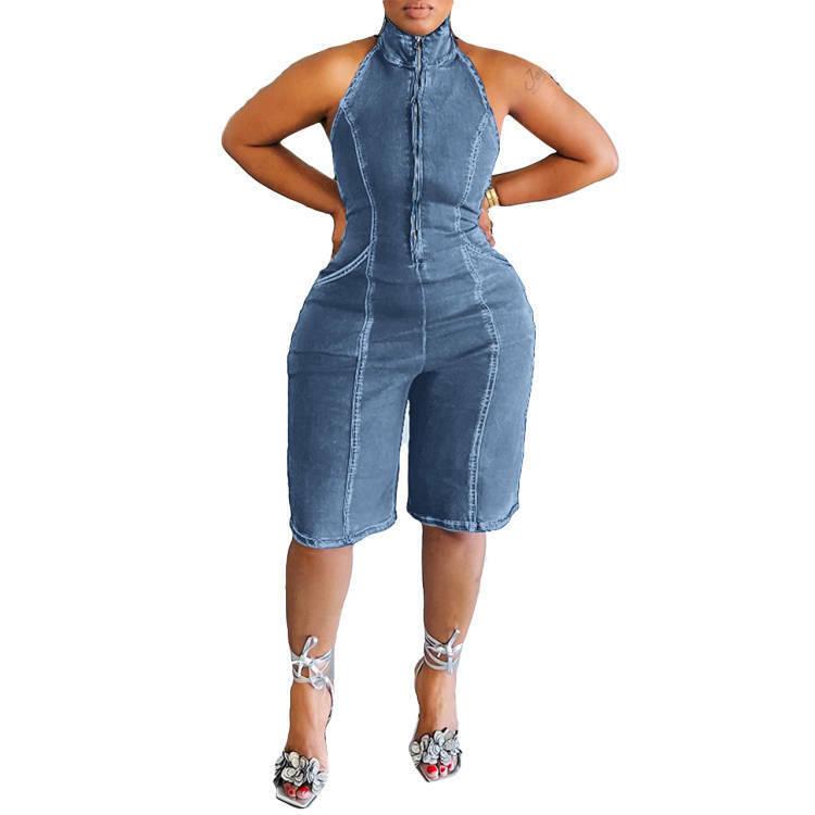 New Hanging Neck Open Back Jumpsuit, Hot Selling in Europe and America, Zipper Open Back Elastic Jumpsuit