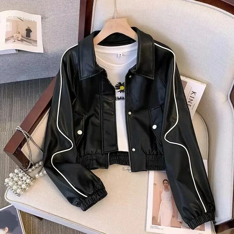 Jaqueta de couro curta para mulheres, casacos de beisebol soltos, jaquetas de motocicleta preto e marrom, outerwear feminino, nova moda