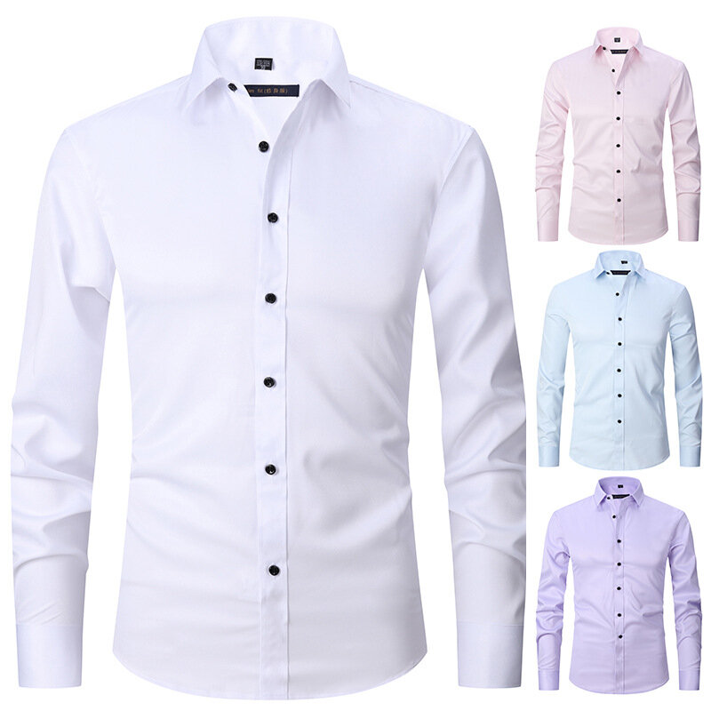 Camisa casual de manga longa masculina, multicolorida, monocromática, cor doce, slim fit, confortável, plus size 55-110kg, nova moda