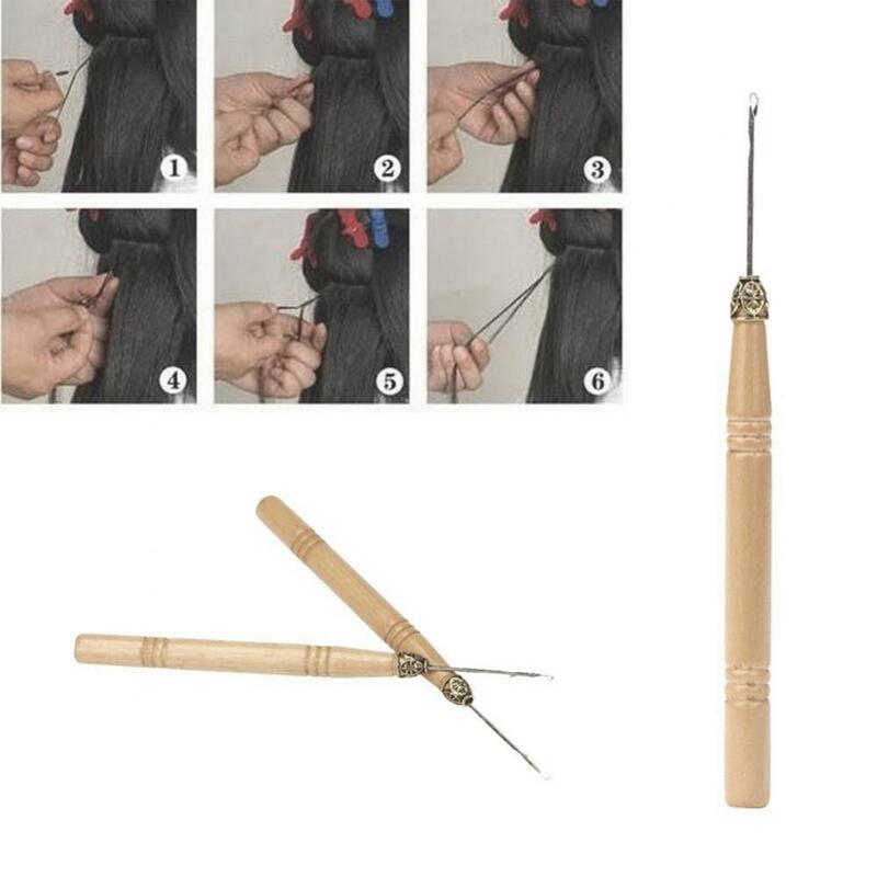 1 buah alat Wig kepang pegangan kayu, cantelan rajutan, jarum tarik untuk menghubungkan cincin mikro/jarum Loop ekstensi rambut