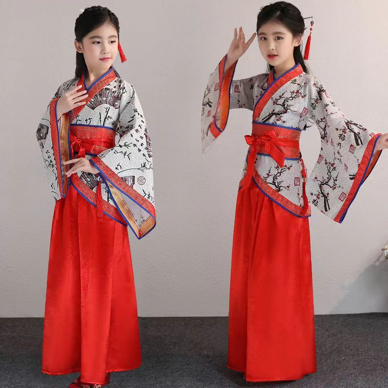 Chinês de seda robe traje meninas crianças quimono china tradicional do vintage étnico fã estudantes coro dança traje hanfu