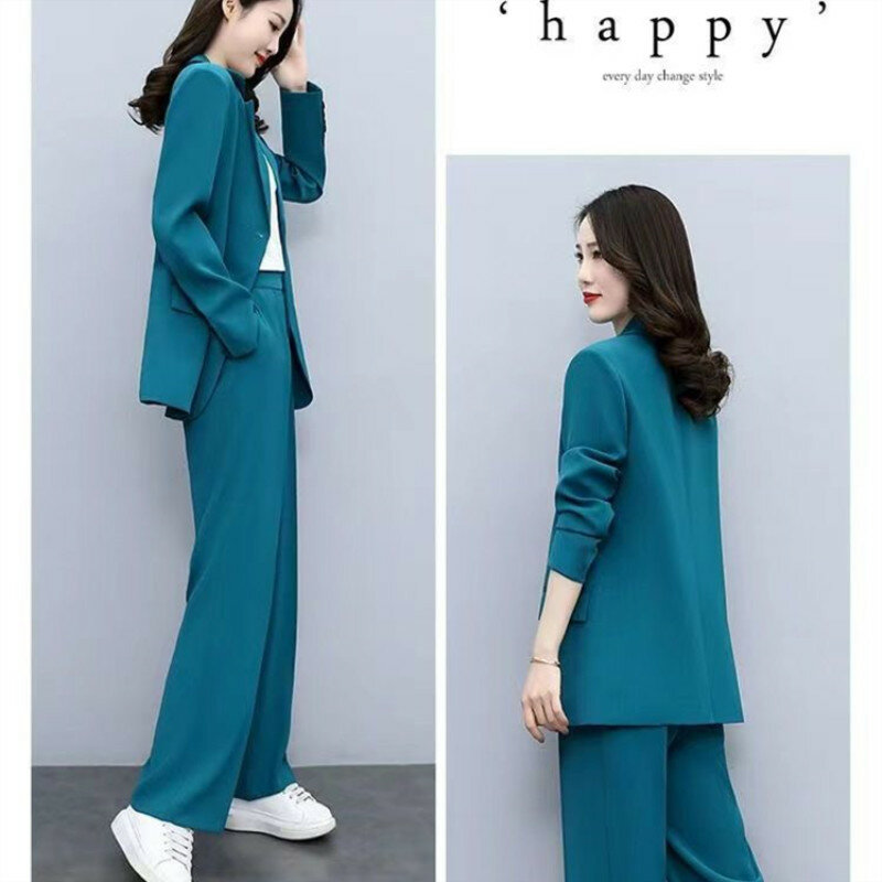 2022 Autumn New Fashion Suits Wide-leg Pants Two-piece Women's Casual Blazers Jacket Trousers Set Korean Elegant Business Wear