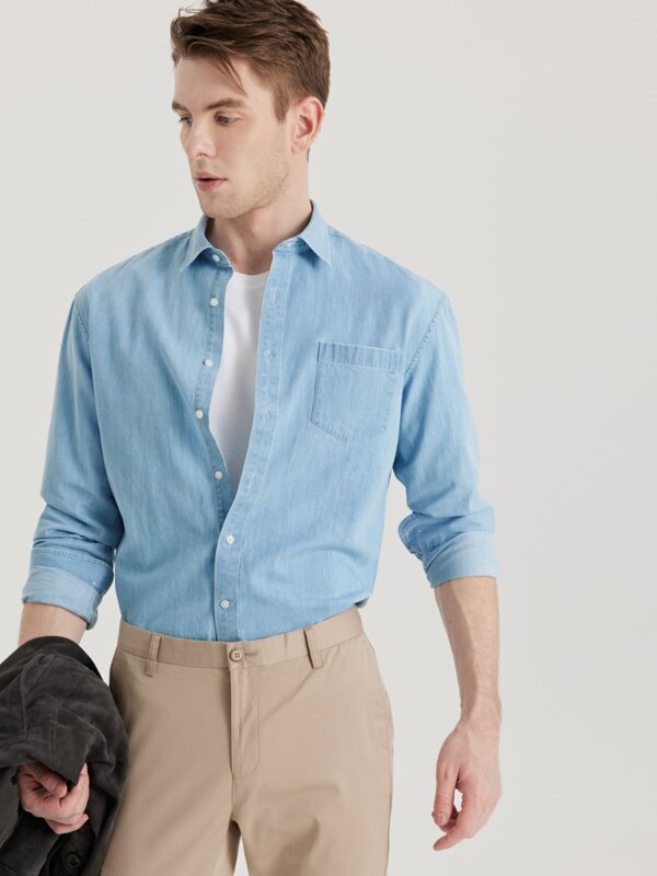 เสื้อลำลองผ้ายีนส์สมาร์ทห้าตัวสำหรับผู้ชายเสื้อแขนยาวบาง Camisa สีฟ้าอ่อนสำหรับฤดูใบไม้ผลิฤดูร้อน