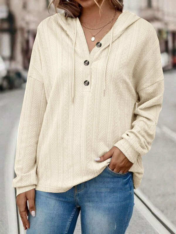 Sweatshirt für Frauen Herbst und Winter Mode lose lässige einfarbige Knopf Kapuze Langarm Bluse