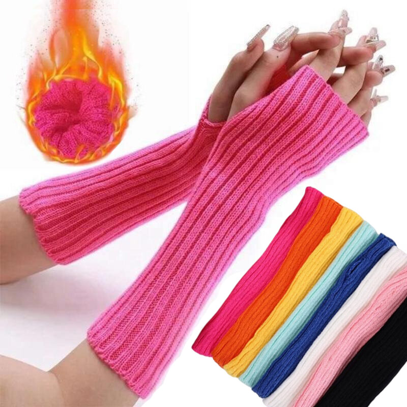 Aquecedores de braço de lã tricotados para mulheres, luvas finas longas sem dedos, luvas femininas macias e quentes casuais, outono e inverno